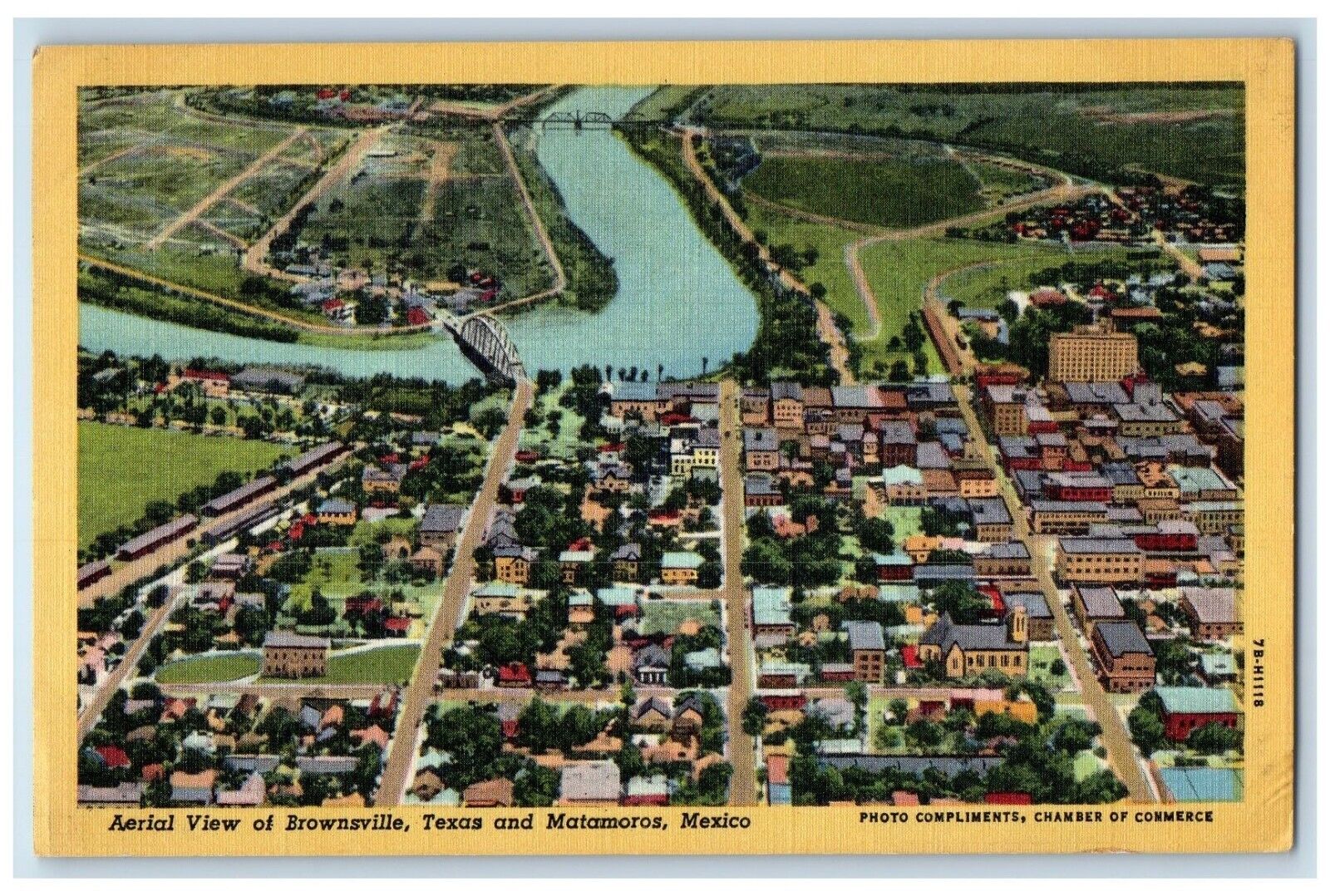 1949 Aerial View Brownsville Texas TX Matamoros Mexico Vintage Antique Postcard