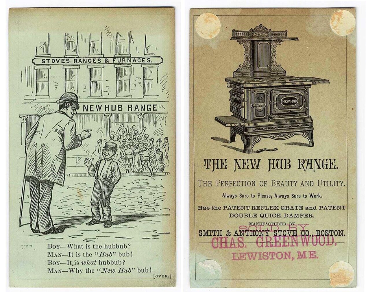 Lewiston ME NEW HUB RANGE Victorian Trade Card 1880\'s Smith Anthony Stove Co