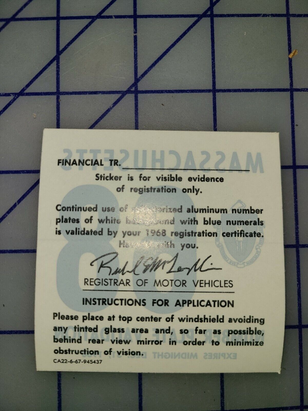 1968 Massachusetts Registration Windshield Sticker License Plate UNUSED Original