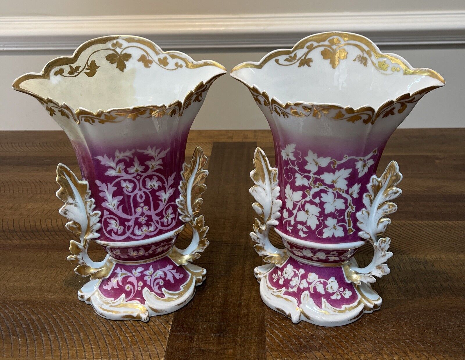 Pair Old Paris Antique Vases Pink w/ Gold Accents JP 109