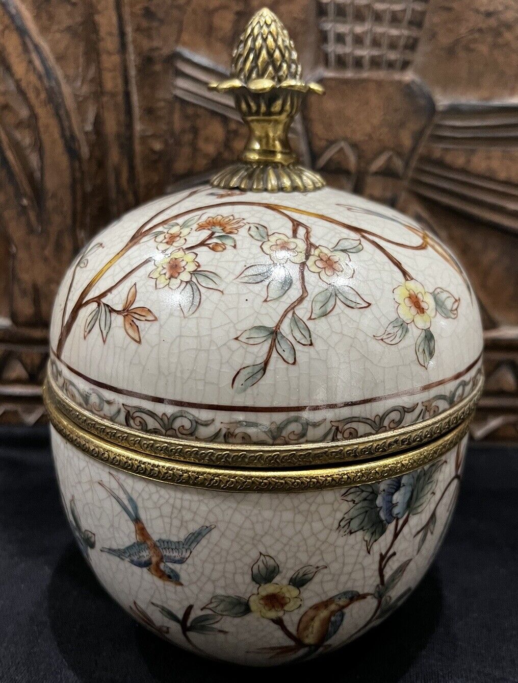 Vintage Gorgeous Porcelain Hand Painted Metal Accent Egg Trinket Box