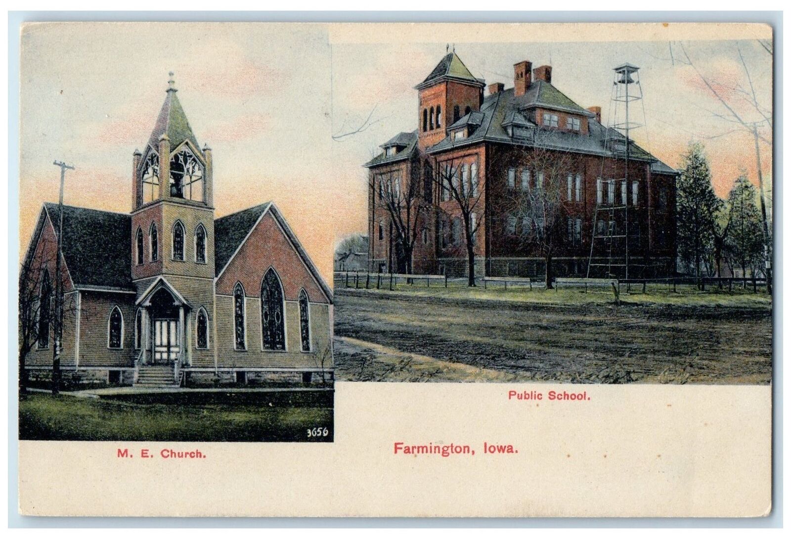 c1920\'s Public School & ME Church Multiview Building Farmington Iowa IA Postcard