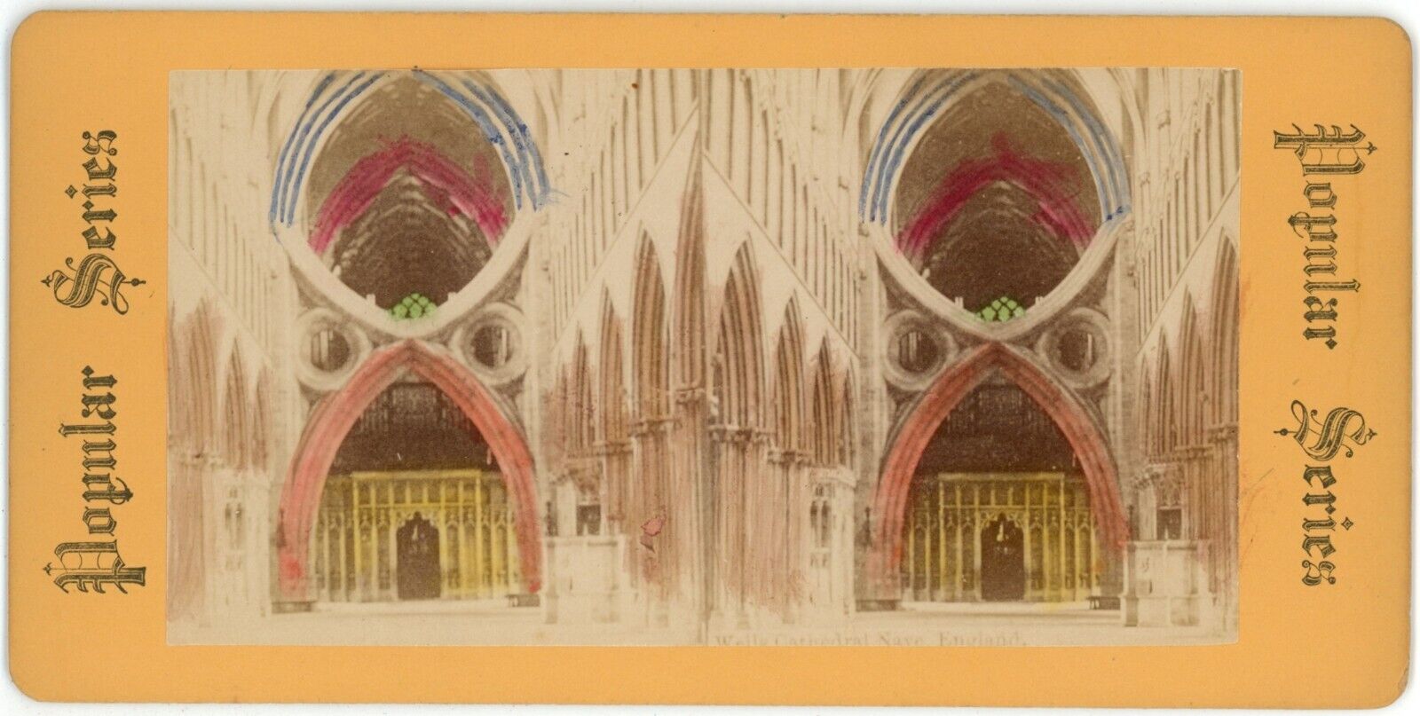 c1900's Real Photo Hand Tinted Stereoview Wells Cathedral Nave Somerset England