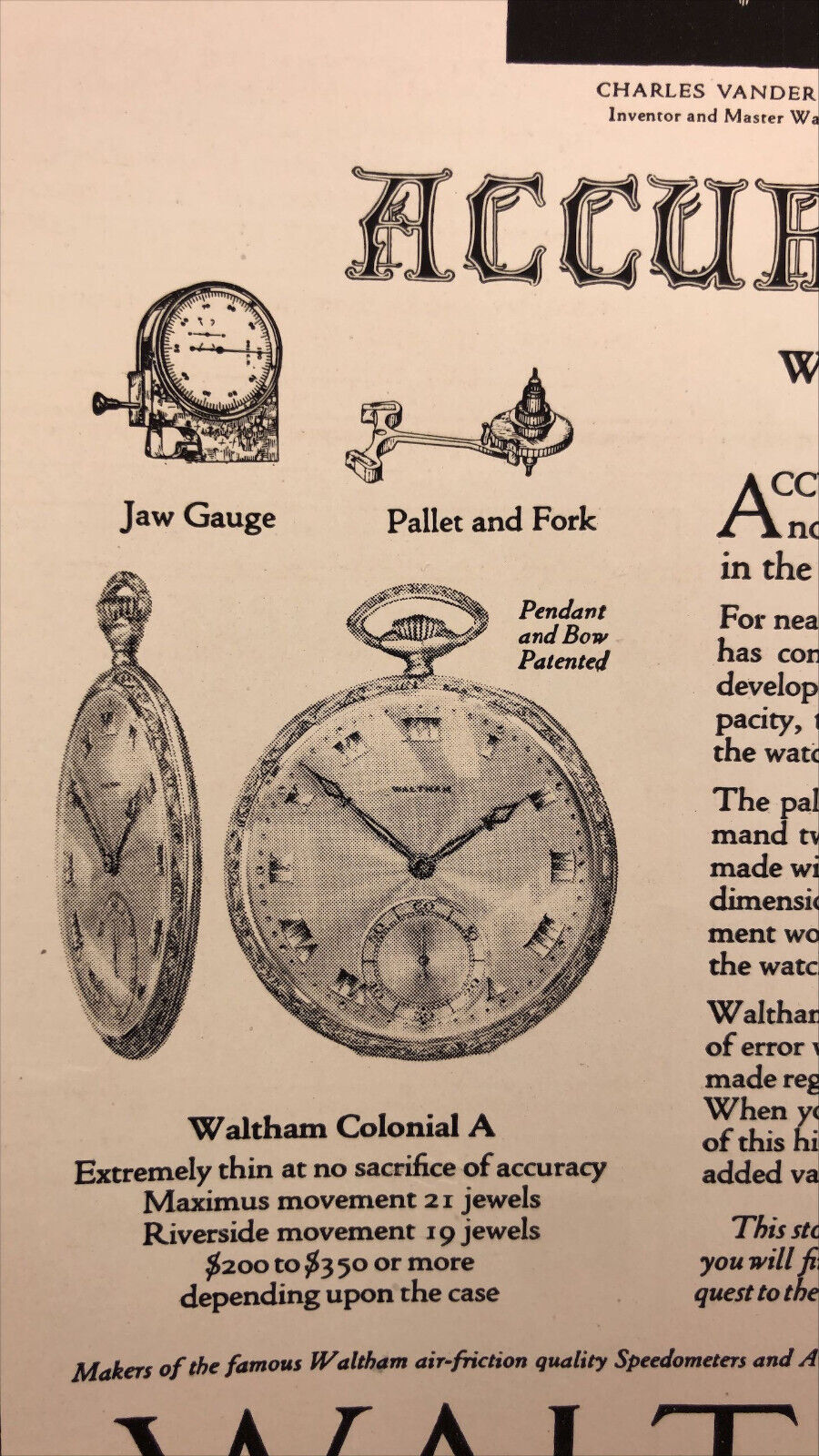 Waltham Watches Accuracy Watchmaker Charles Vander Woerd 1921 Print Ad