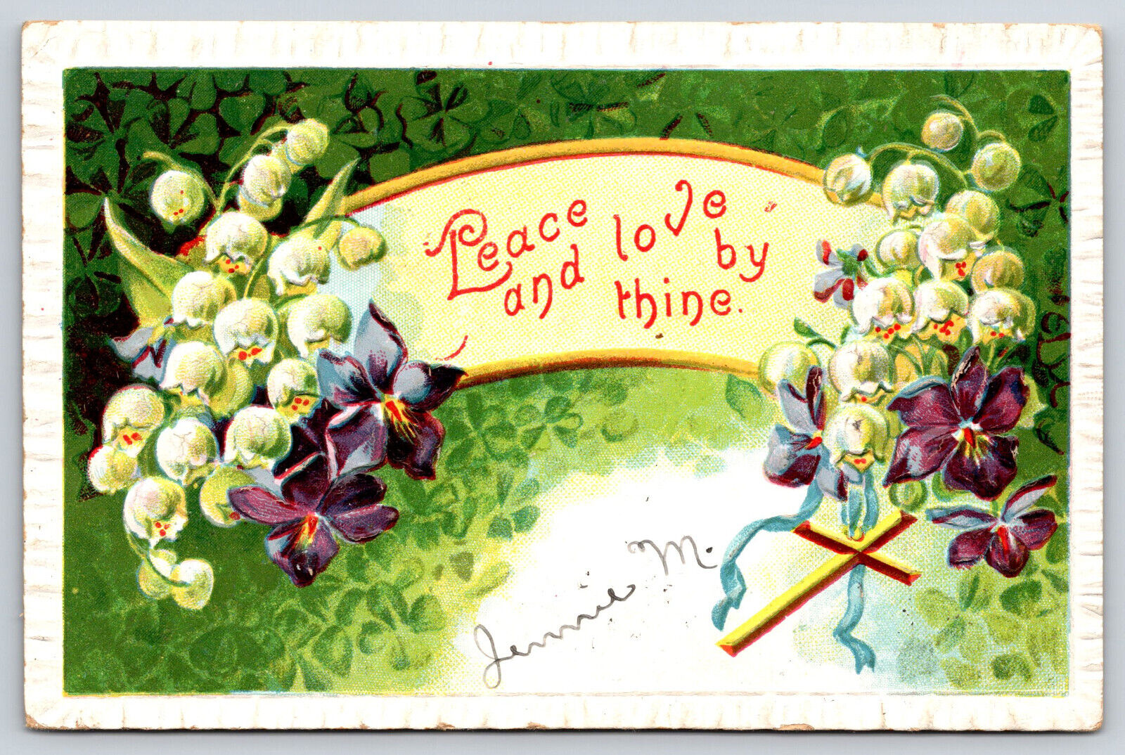 Original Old Vintage Antique Postcard Peace And Love Embossed Flowers 1909