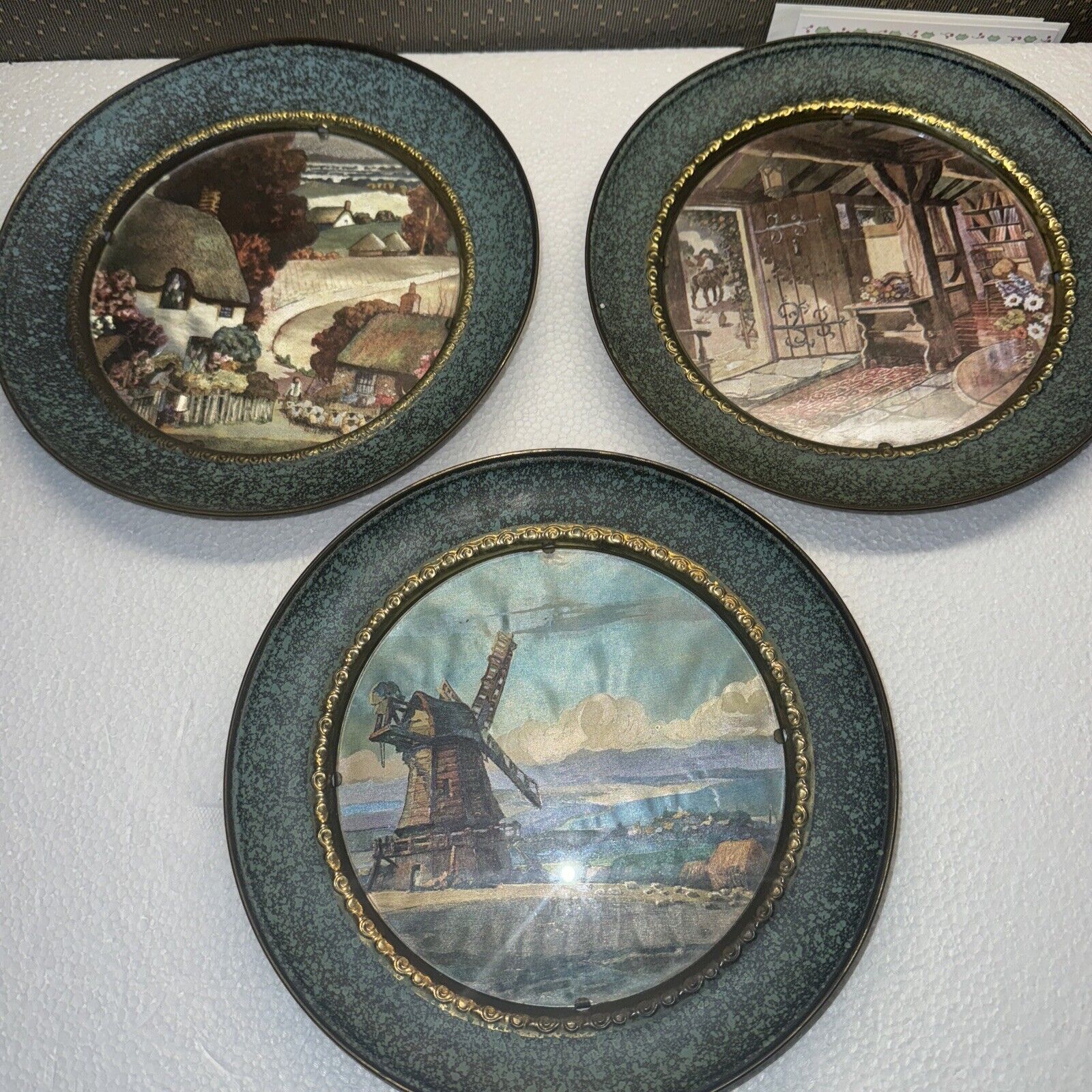 Vintage: Set of 3, Solid Brass Wall Plates with Foil Art, Made in England