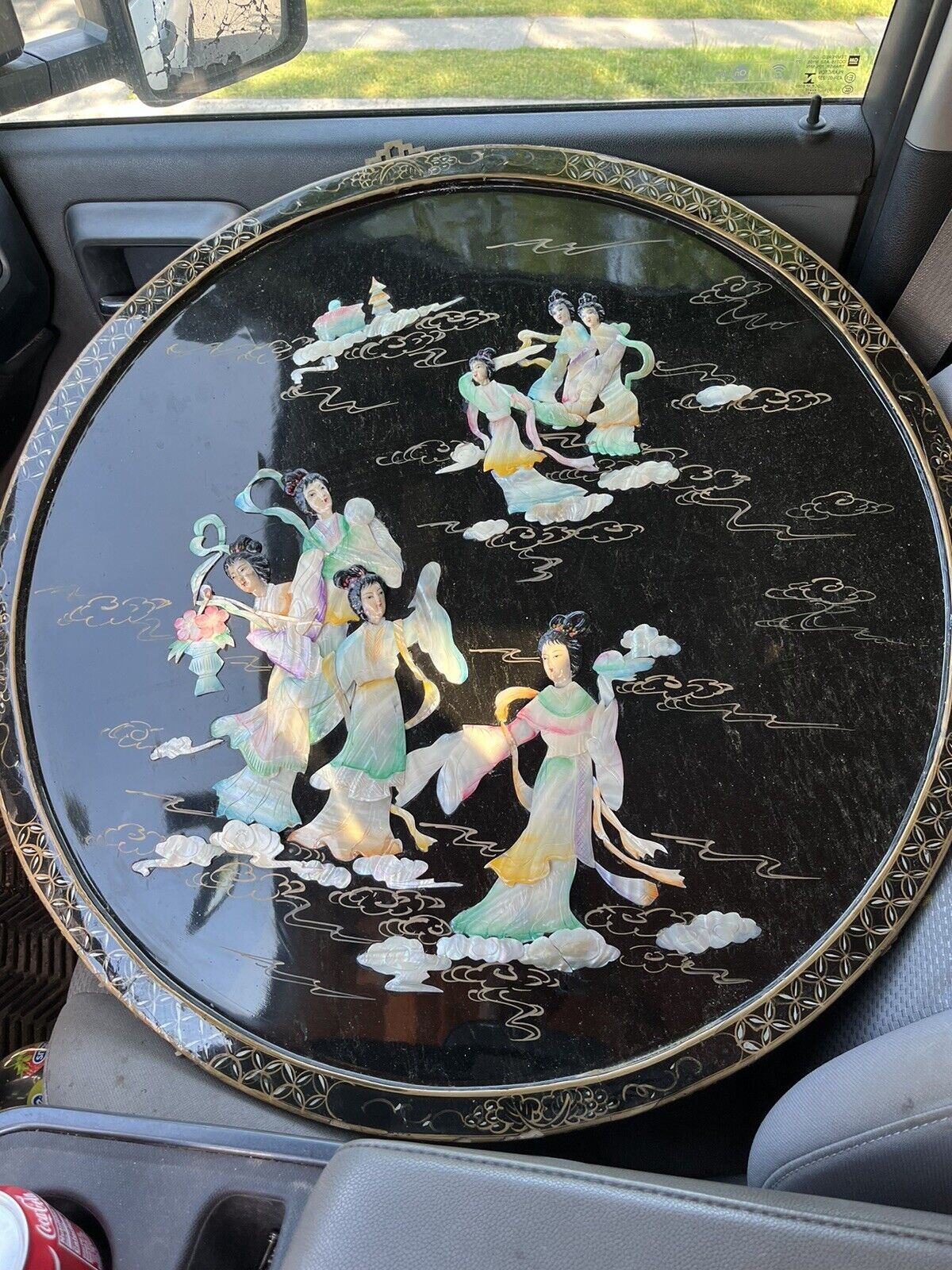 Asian Mother Of Pearl Black Lacquer Artwork Round 17.5” Circle Asia Art