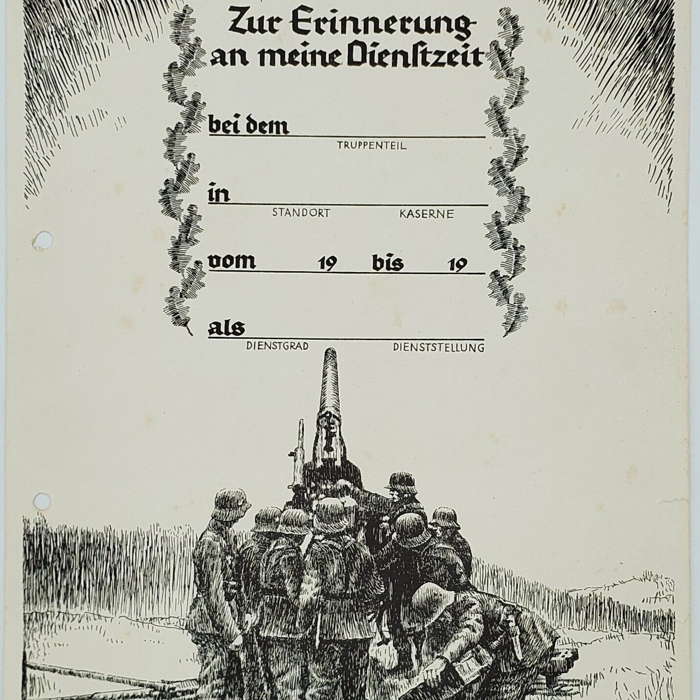 WW2 Original German Wehrmacht  artillery service award diploma certificate blank