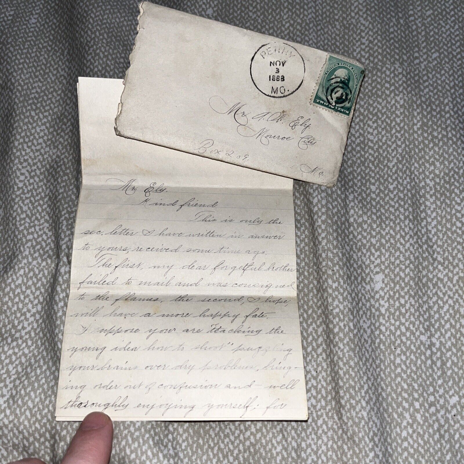 Antique 1888 Letter: Perry MO to Monroe City: Written by “Disagreeable” Woman
