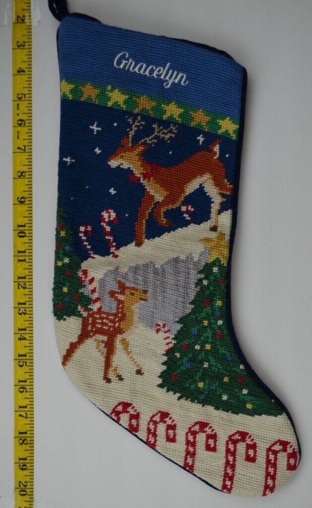 LANDS END Reindeer Wool Needlepoint Christmas Stocking Monogrammed GRACELYN