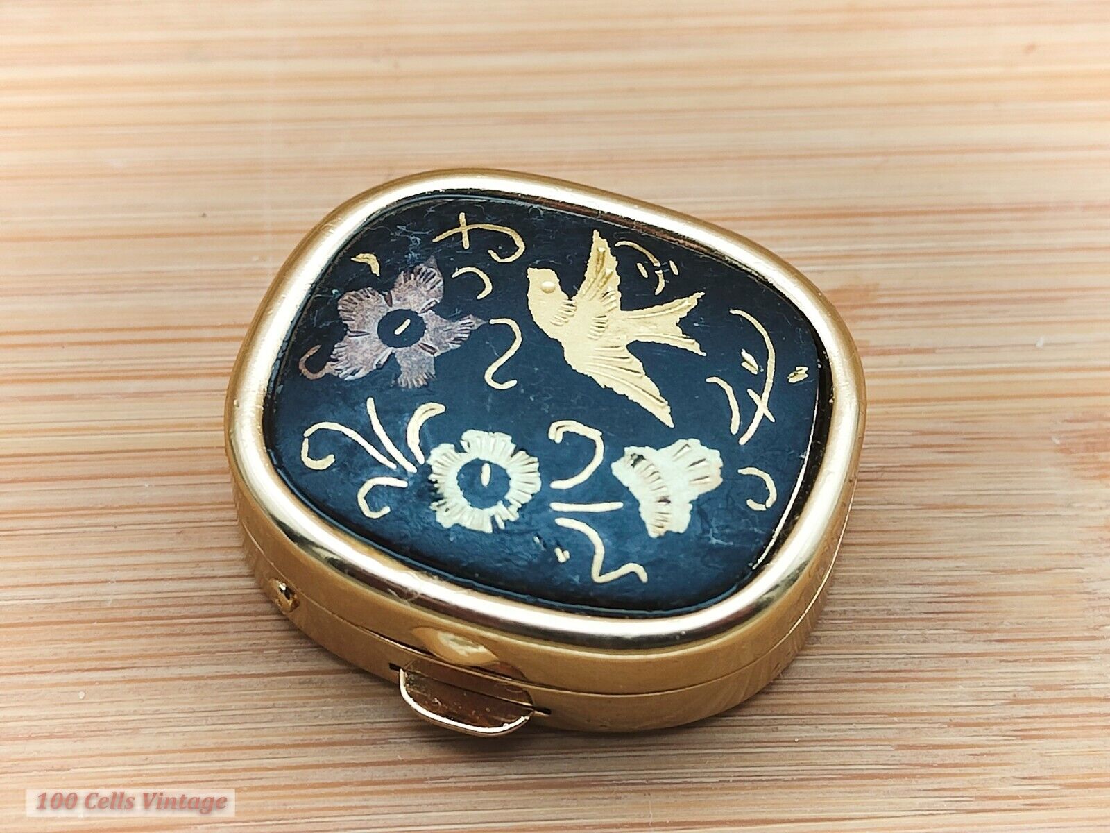 Tiny Black and Gold Bird and Flowers Vintage Pill/Trinket/Snuff Box -cre