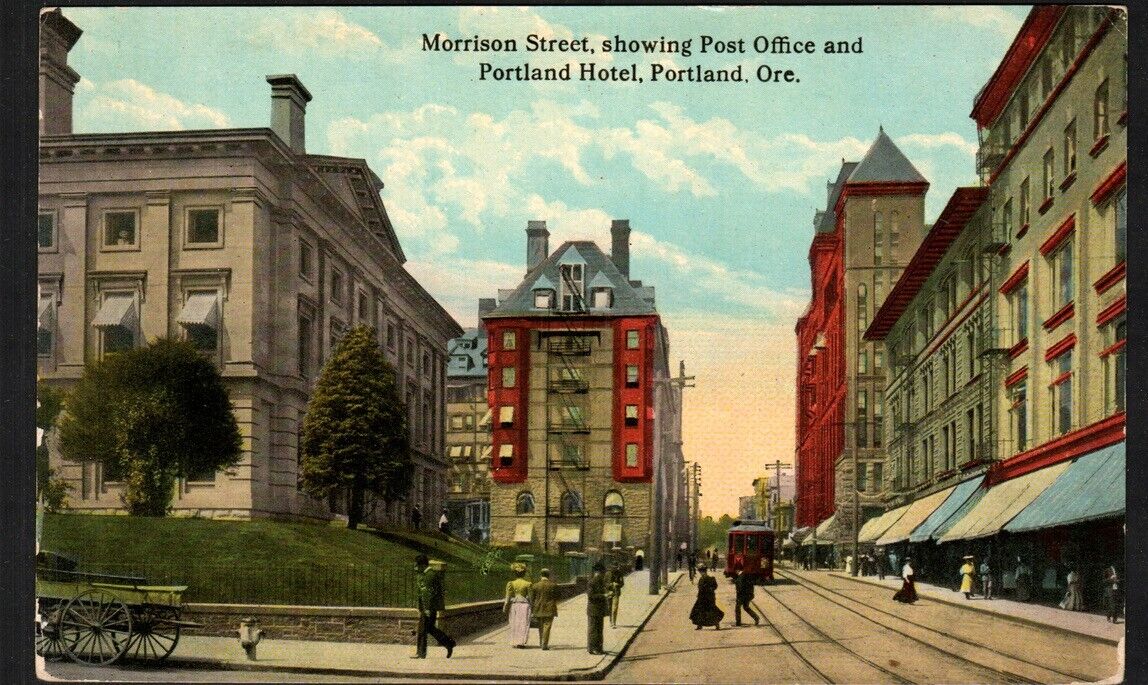 Portland OR Postcard Morrison Street Post Office and Portland Hotel DB Unposted