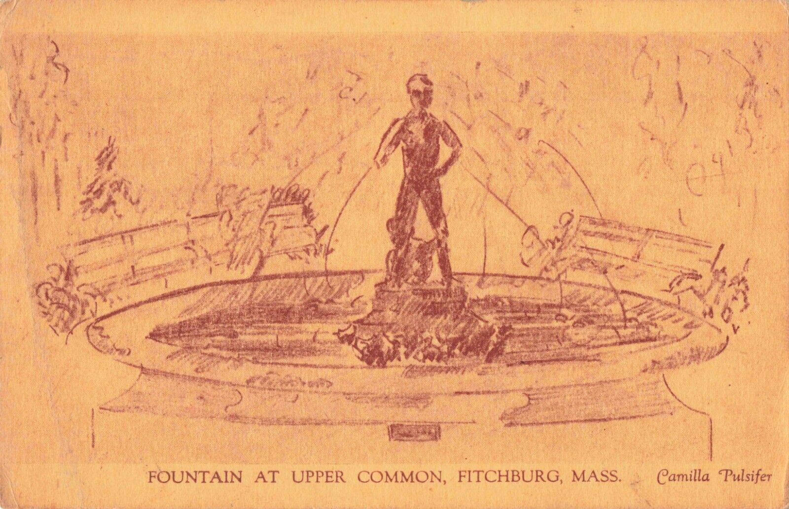Fountain at Upper Common Fitchburg Massachusetts Camilla Pulsifer 1944 Postcard
