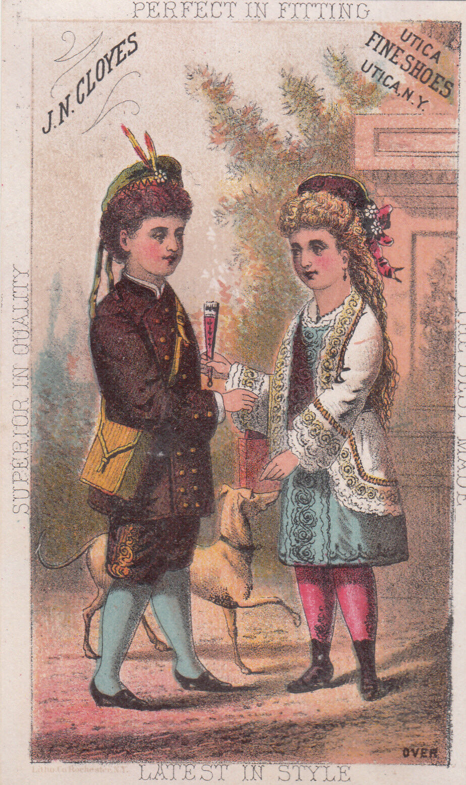 J N Cloyes Utica Shoes Boy & Girl Dog K Pancoast Philadelphia Vict Card c1880s