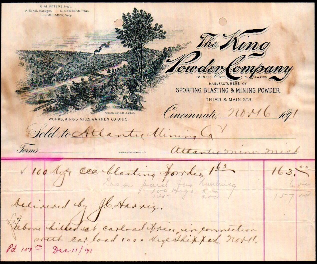 1891 Cincinnati - King Blasting Powder Co - Mining - EX Rare Letter Head Bill