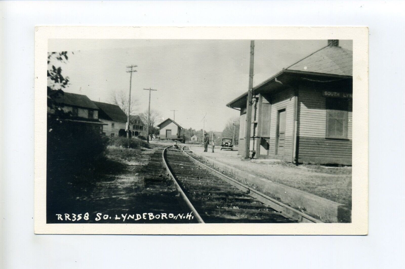 Lyndeborough NH RPPC photo postcard, REPRO, railroad station, tracks