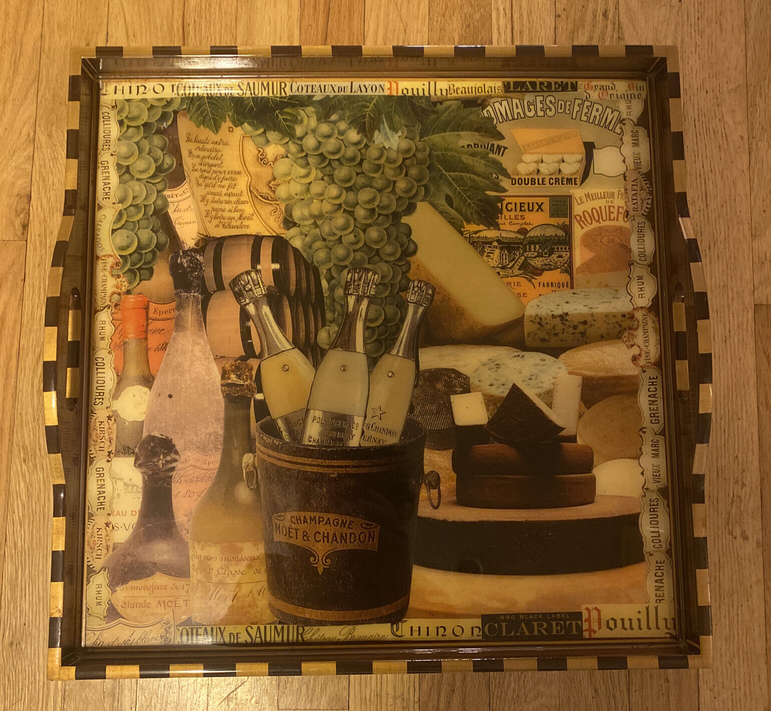 Annie Modica “Wine & Cheese” Serving Tray Decoupage on Wood 20x20