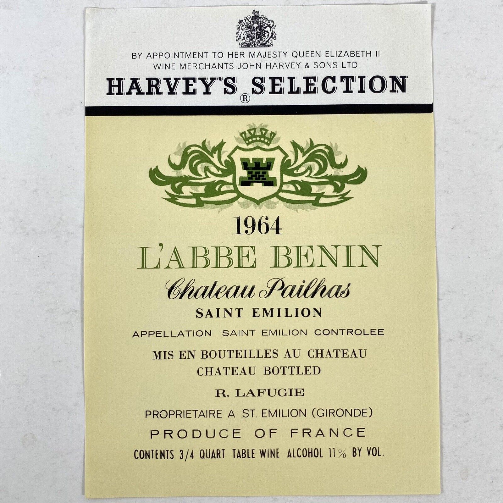 Harvey’s Selection L’Abbe Benin Chateau Pailhas Vintage 1964 Wine Paper Label