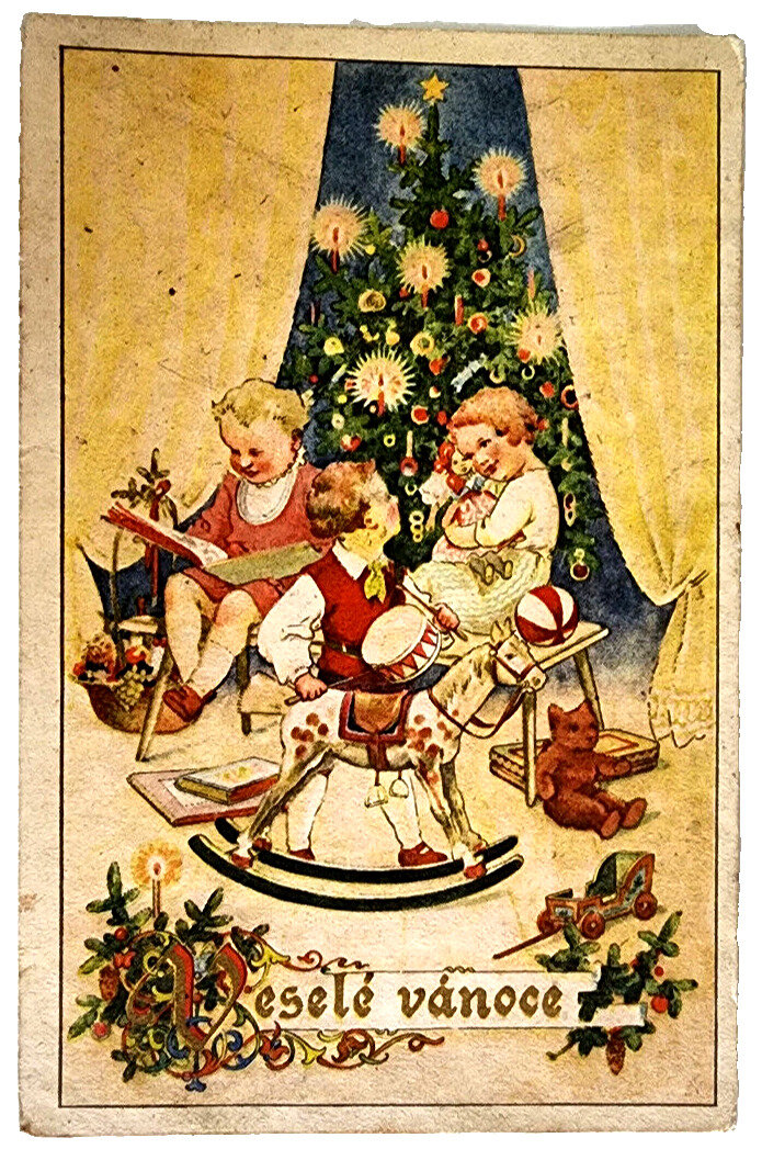 Vintage Postcard Czechoslovakia Czech Merry Christmas Children Rocking Horse...