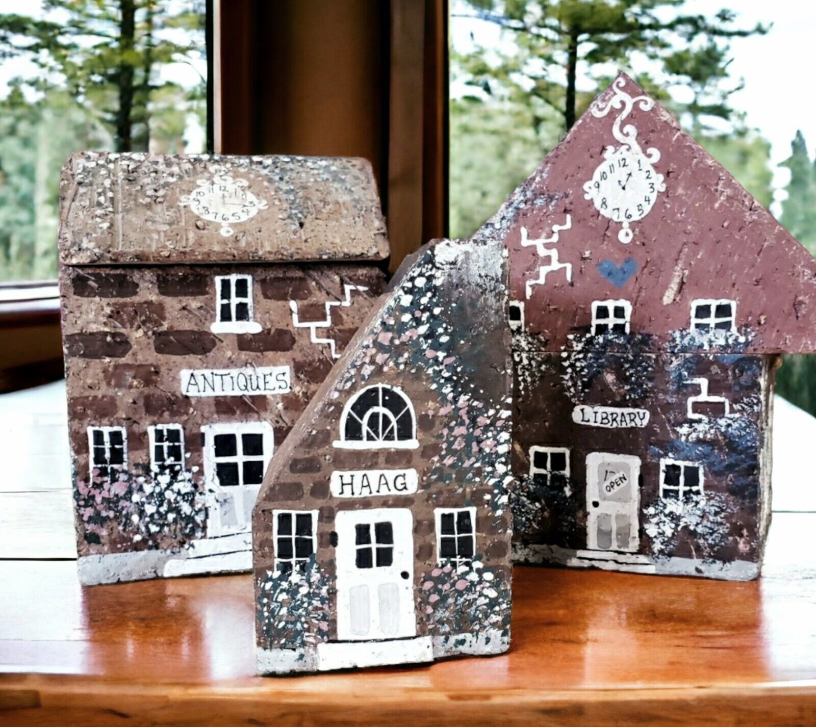 Brick Works Folk Art  Putz House Set of 3  Handmade Brick Houses Signed 