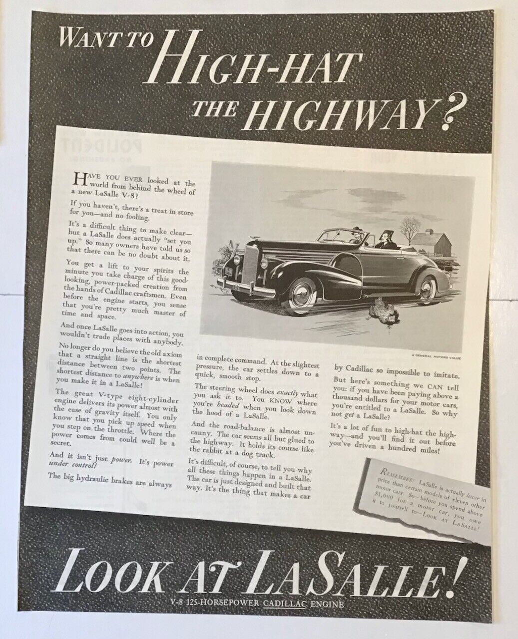 1938 magazine ad for LaSalle - Want To High-hat The Highway? 125 h.p. engine