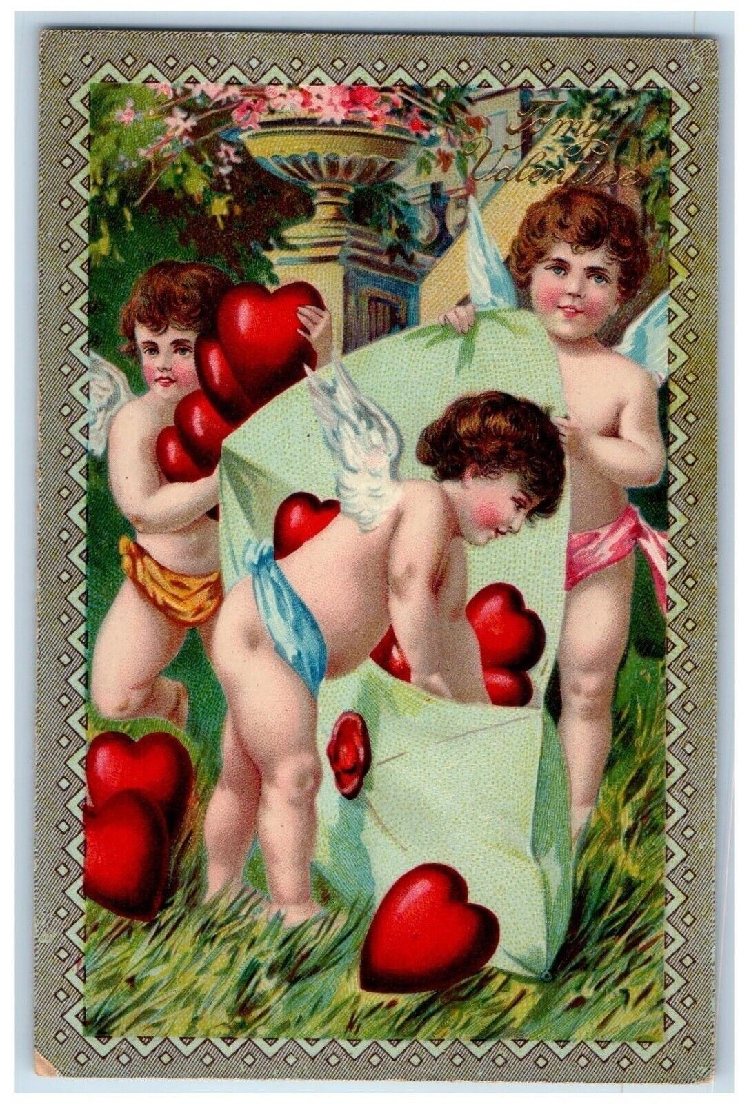c1910's Valentine Cupid Angels With Hearts Pansies Gel Posted Antique Postcard