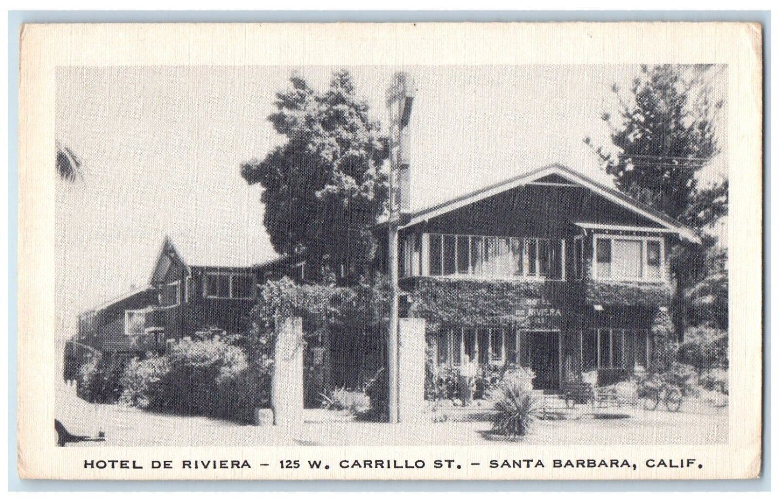 Hotel De Riviera Roadside Bicycle Santa Barbara California CA Vintage Postcard