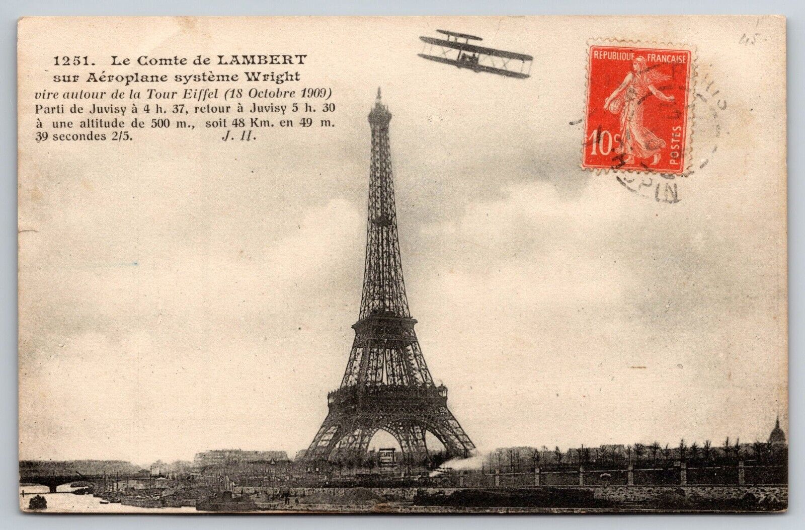 RPPC French Vintage Count Lambert Flying Wright System Plane -Eiffel Tower 1909