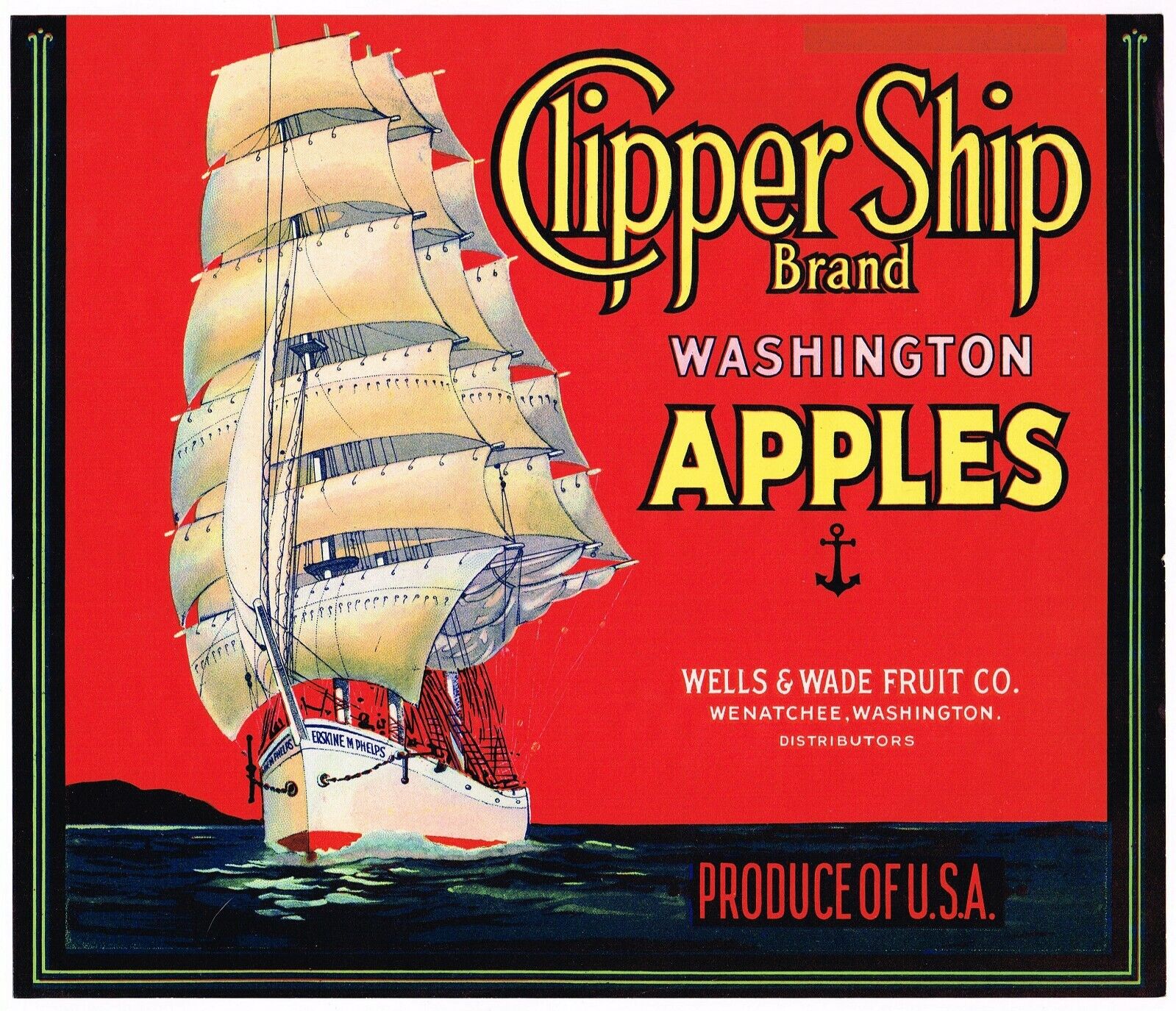 ORIGINAL CRATE LABEL VINTAGE WENATCHEE 1930S SCARCE CLIPPER SHIP RED OVERPRINT