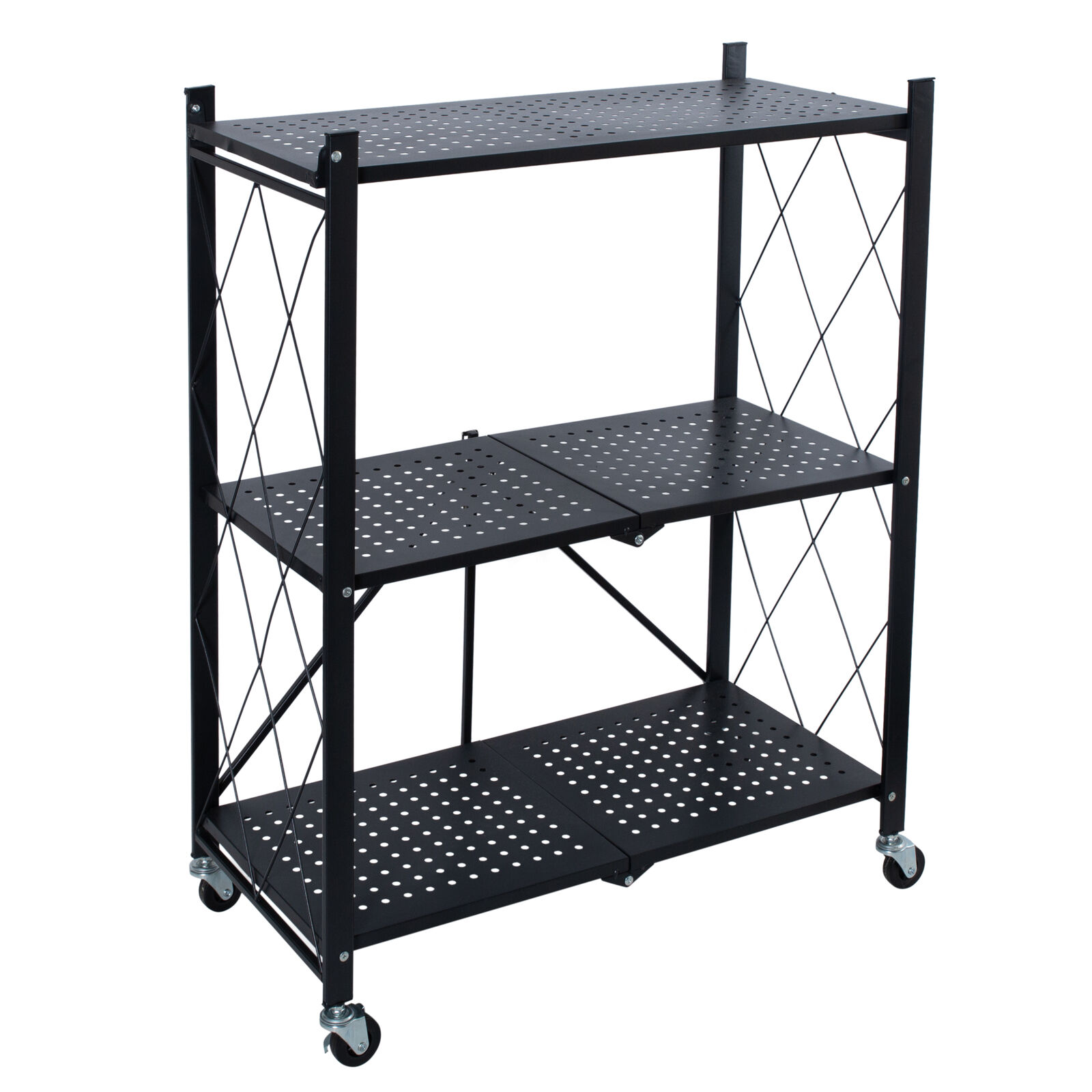 Organize It All 3 Tier Foldable Metal Rack with Wheels in Black Dimensions: 27.8