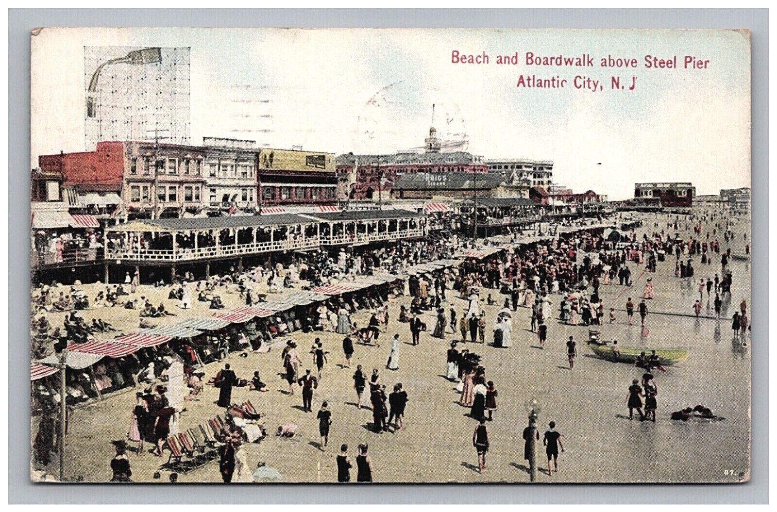 Postcard NJ 1911 Beach Boardwalk Steel Pier People Atlantic City New Jersey