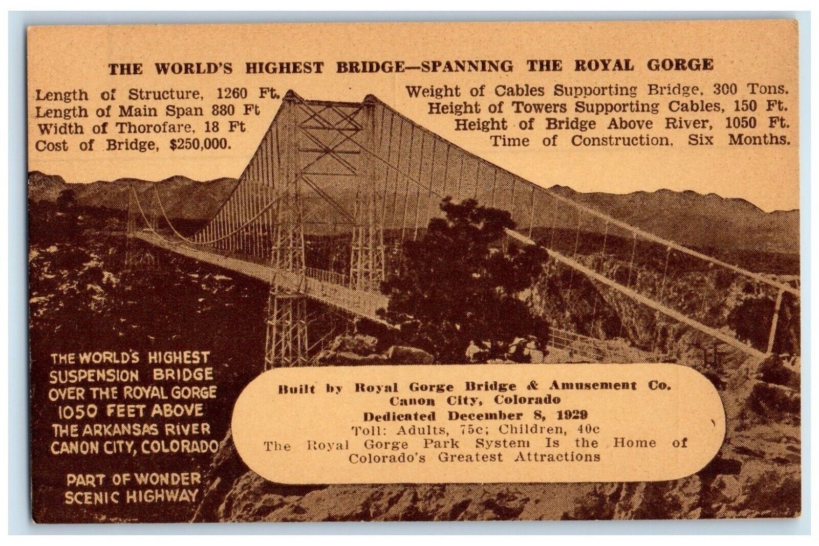 c1940 World\'s Highest Bridge Royal Gorge Arkansas Canon City Colorado Postcard