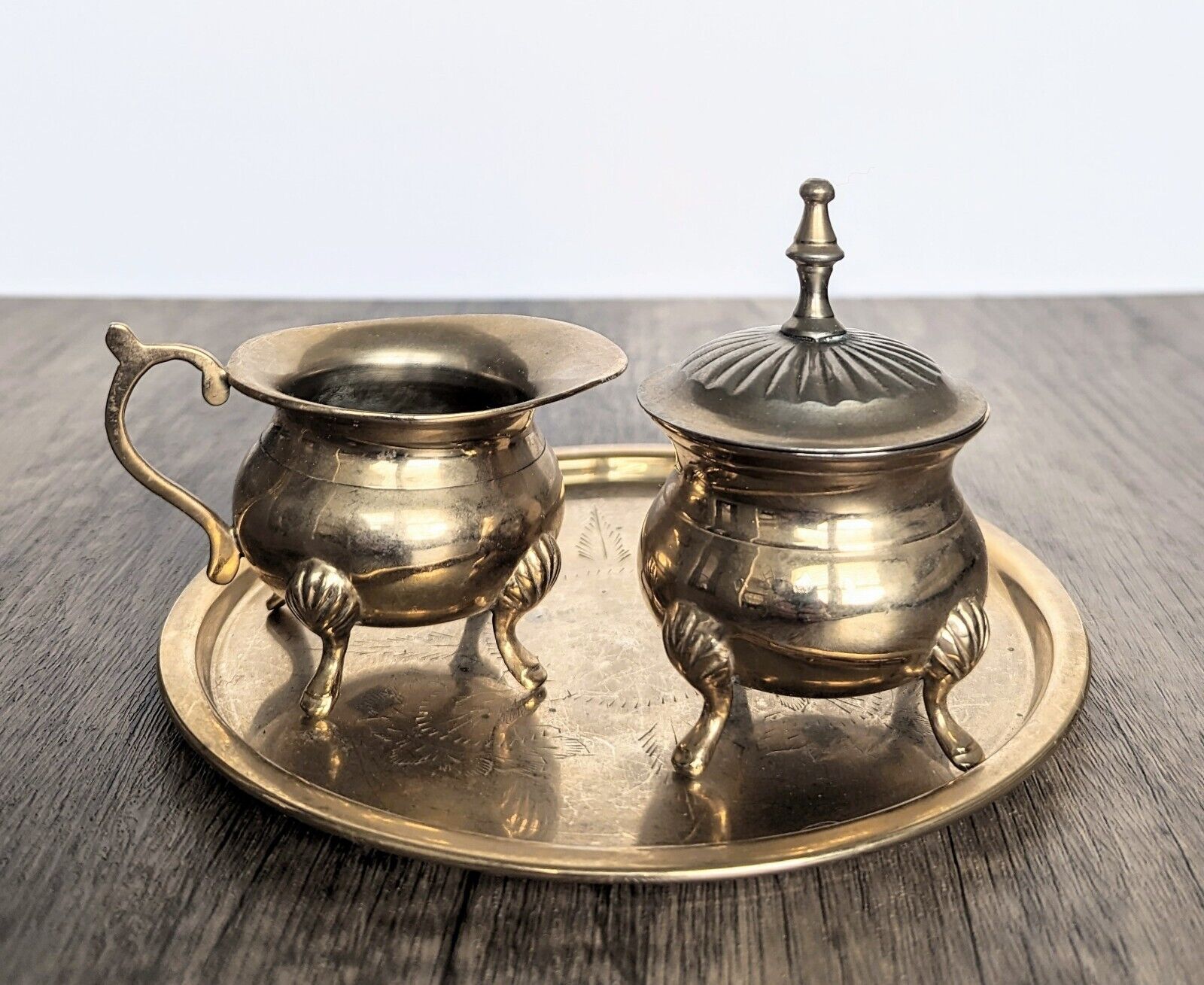 Vintage Unpolished Brass Cream Pitcher and Lidded Sugar Bowl, made in India