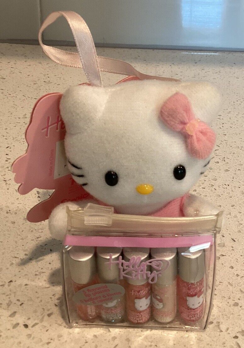 2006 Vintage Hello Kitty 5 Flavored Lip Glosses In Package With Plush Toy