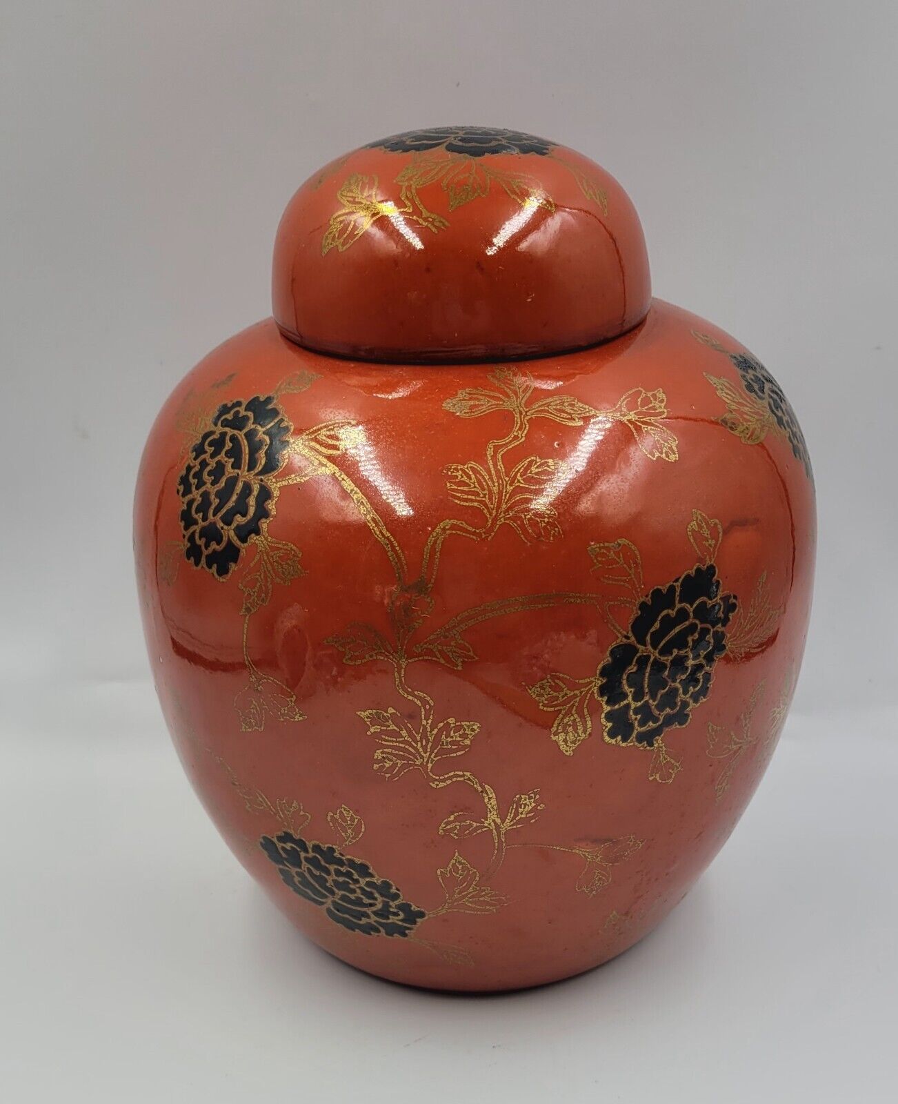 Vintage Chinese Ginger Jar Red Iron Glaze W/ Fire Gilding Enameled Florals