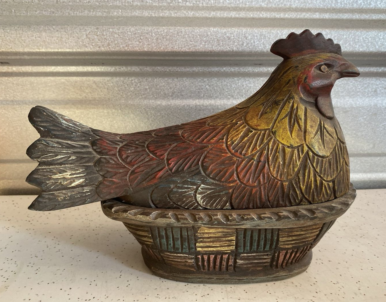 Large Wood Carved Vintage Hen On Nest Box Folk Art Chicken Nest Farmhouse