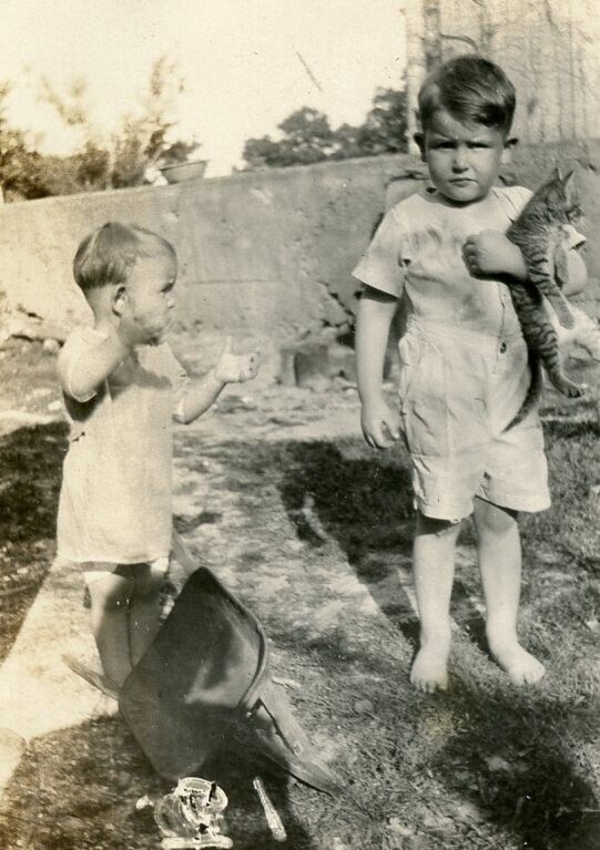 QM573 Original Vtg Photo TWO BOYS WITH A KITTEN IN TOW c 1930\'s