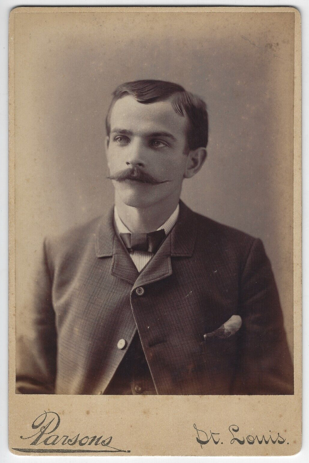 Antique Cabinet Card Photograph Mustachioed Young Man Parsons St. Louis ~Fd006