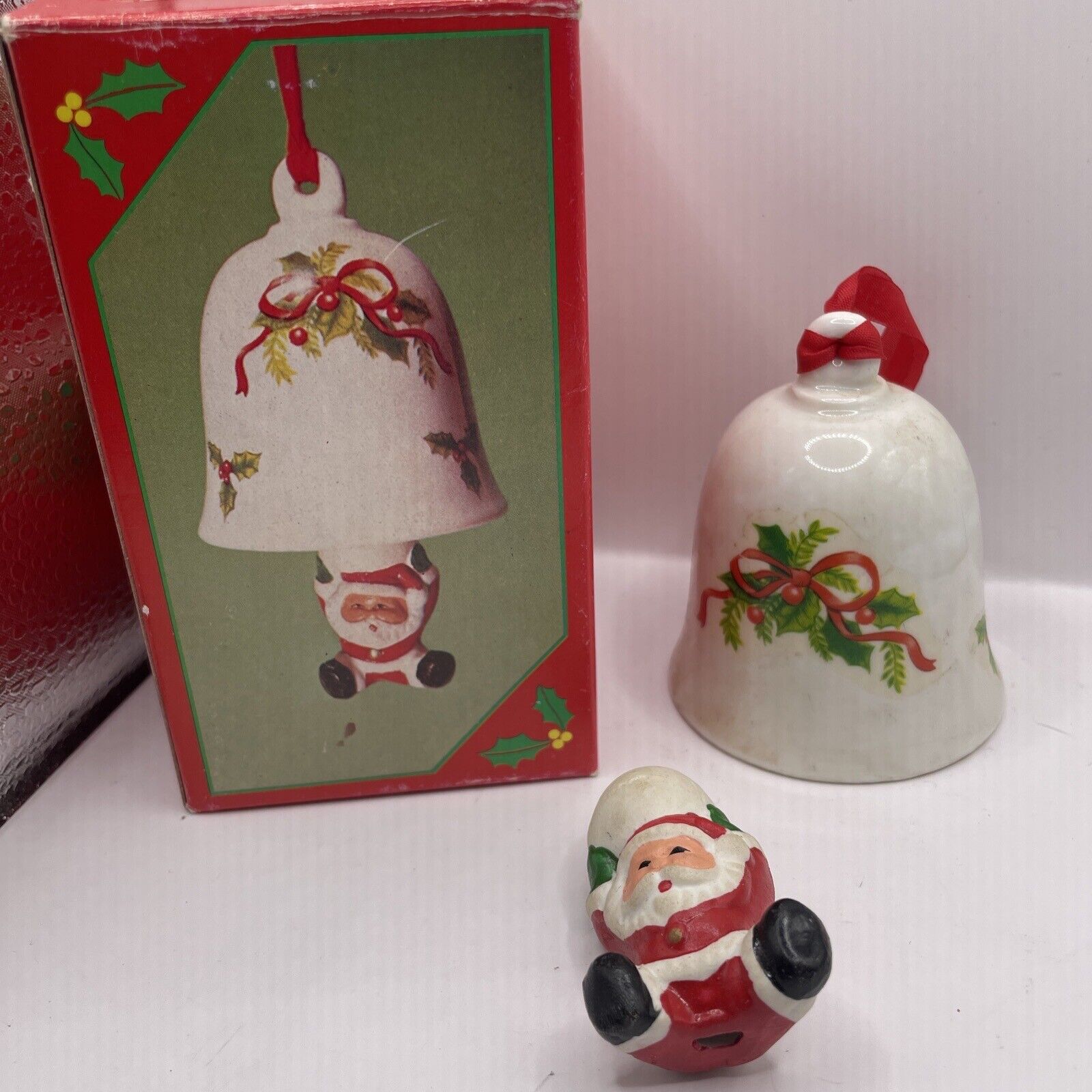 Santa And Poinsettia Hand Painted Vintage Christmas Ornament Bell NIB VTG