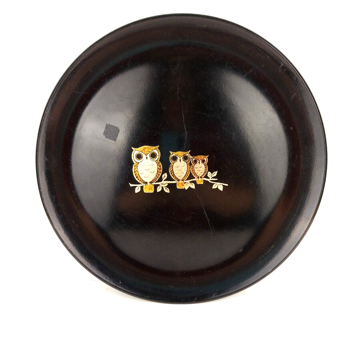 Vintage 1970s Otagri Original Japan Black Decorative Plate Gold Owls 11.75
