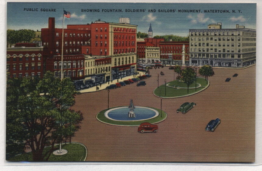 Public Square,Fountain Monument,Watertown,New York Linen Postcard