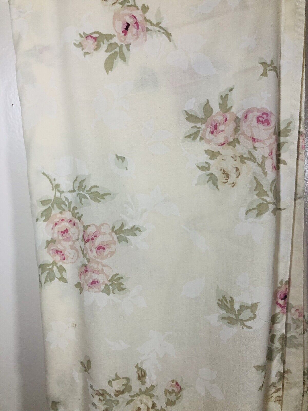 Vintage Jessica McClintock Queen Flat Sheet Ecru Roses Pleating Shabby Cottage