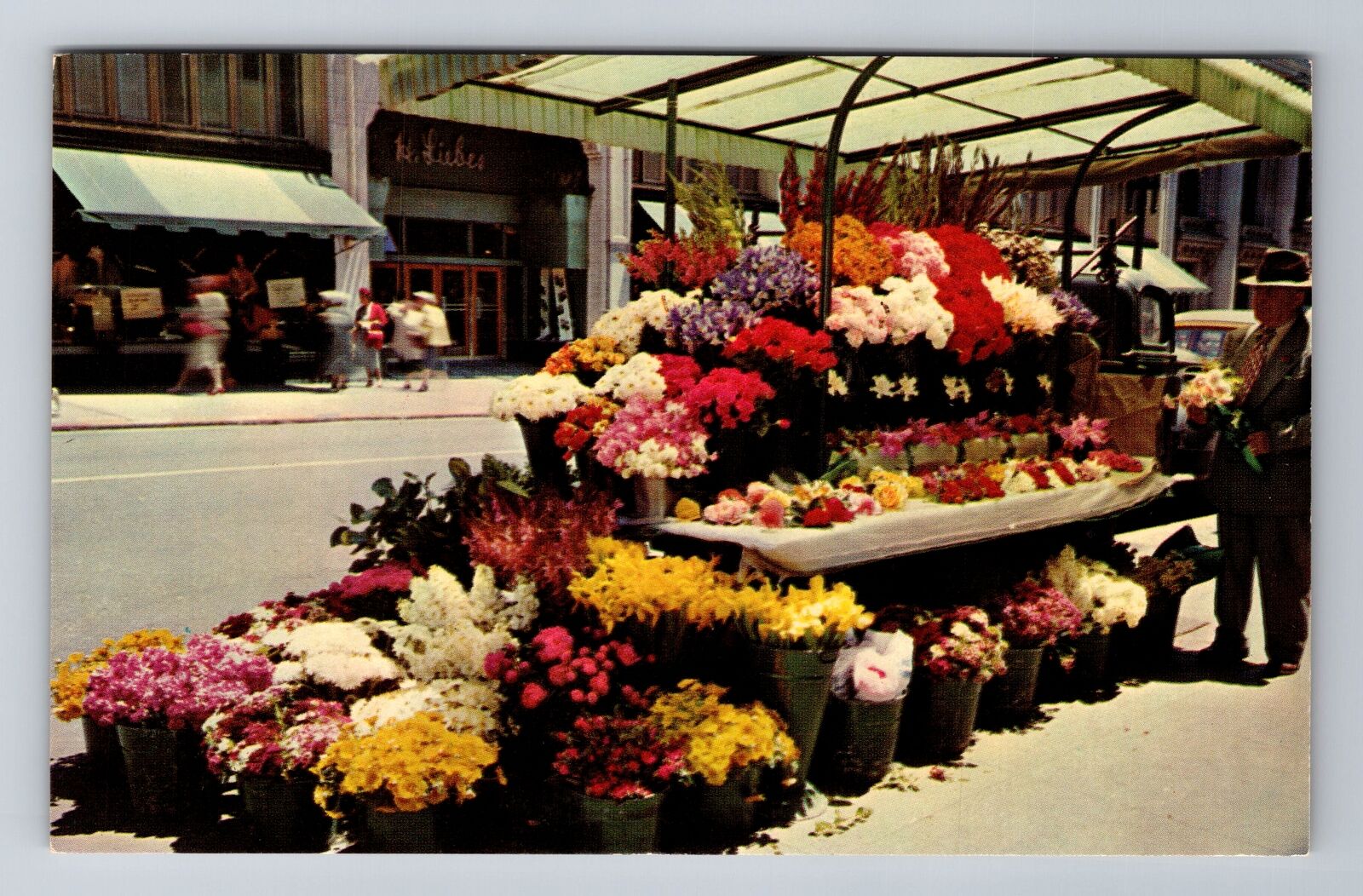 San Francisco CA-California, Sidewalk Flower Vendors, Antique Vintage Postcard