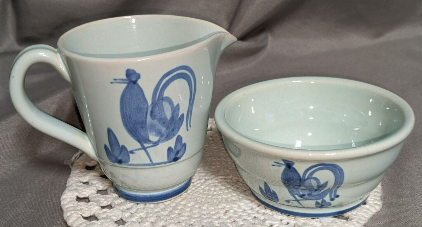 FAJANS GEFLE Swedish Ceramic/Porcelain Blue Rooster Picher and mini bowl