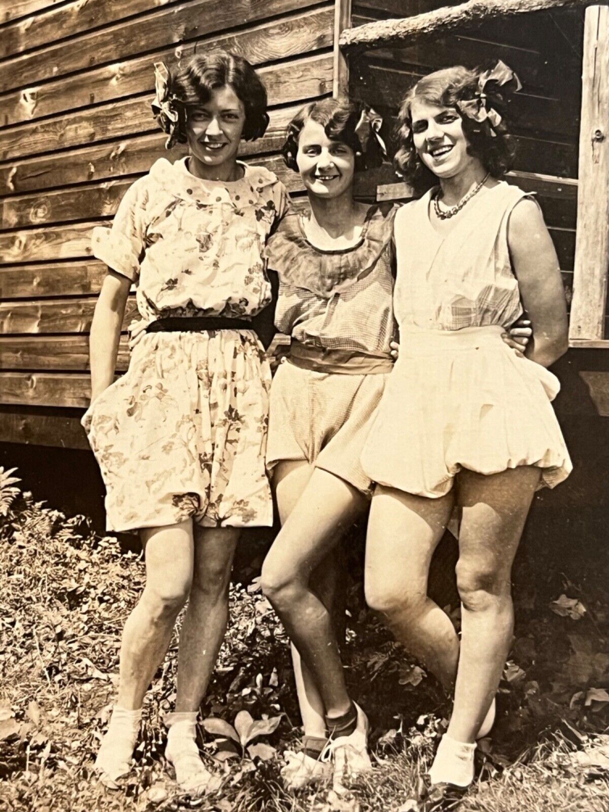 Pretty Girls in Short Bloomers Showing Legs Hair Bows Vintage Photograph c1930