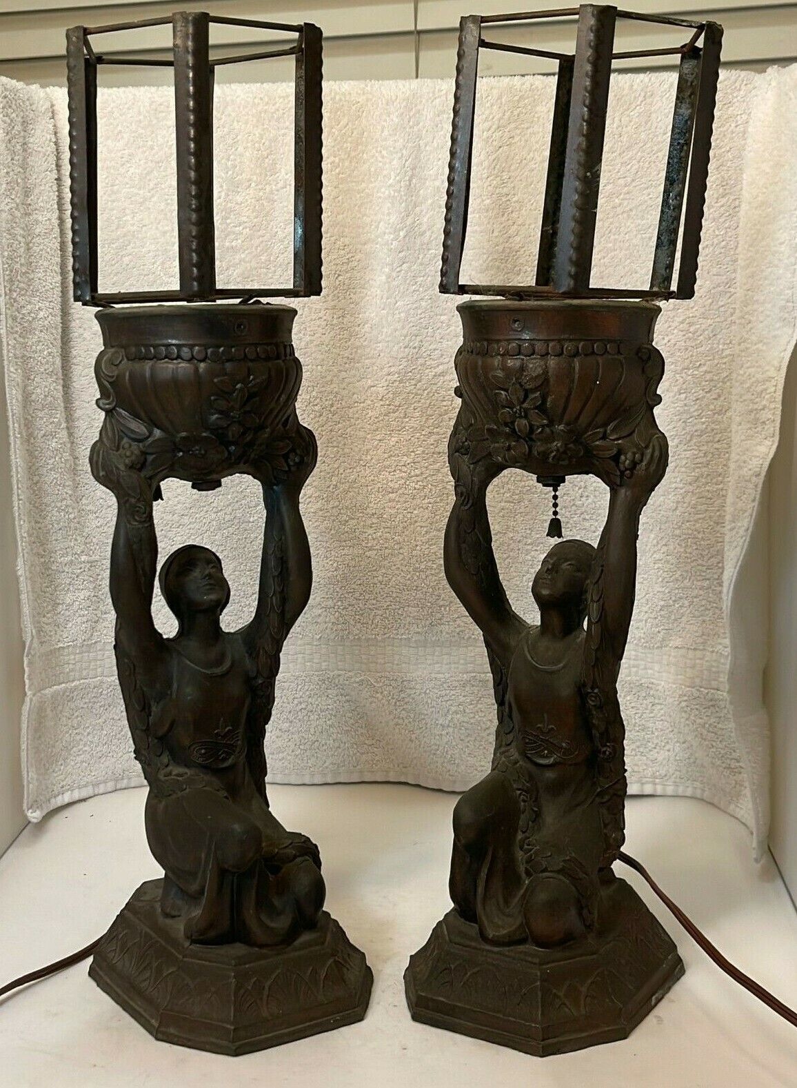 Antique La Belle Art Deco Joan Of Arc Pair Of Apelter Table Lamps Sculpture RARE