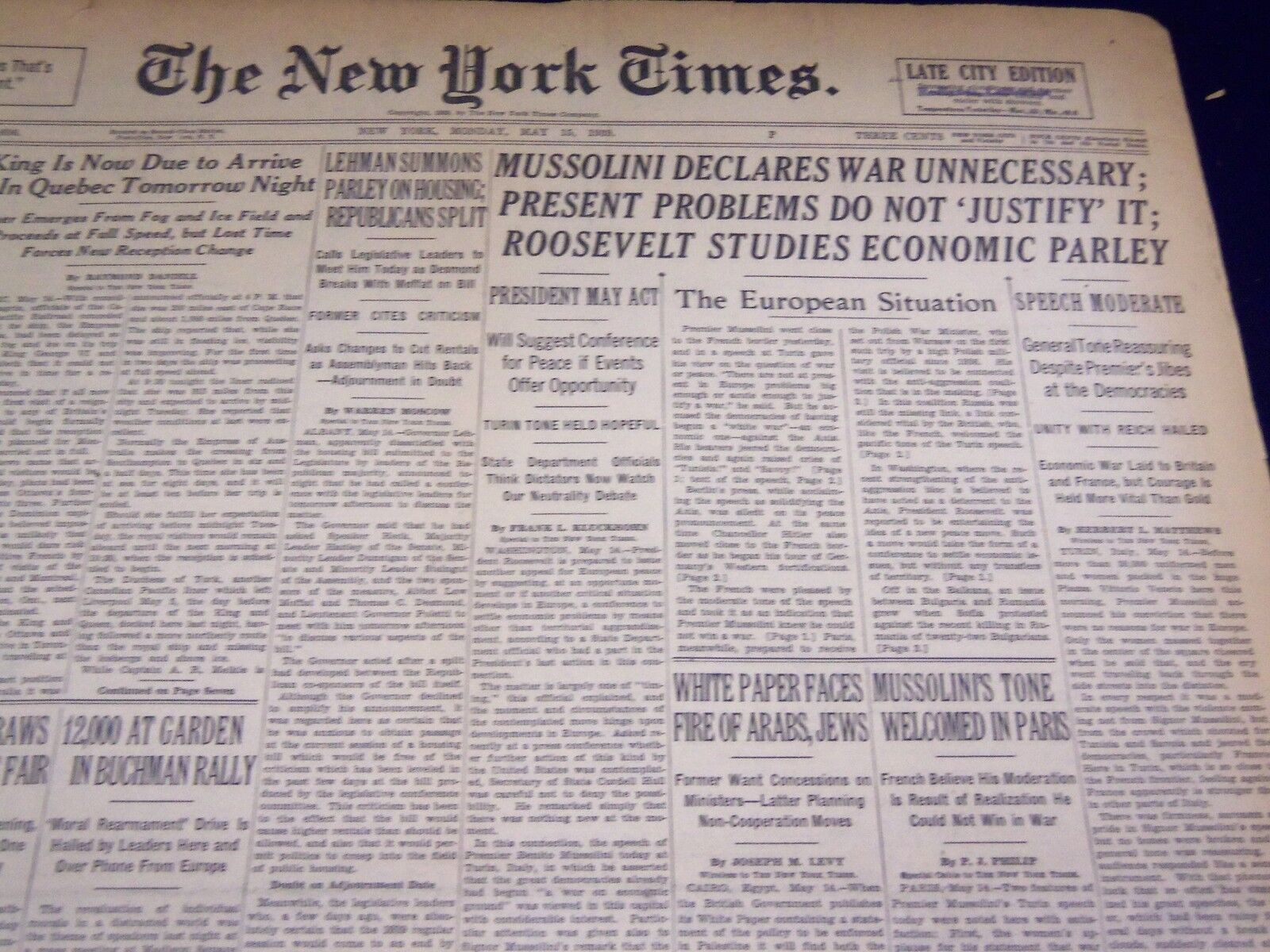 1939 MAY 15 NEW YORK TIMES - MUSSOLINI SAYS WAR UNNECESSARY - NT 3071