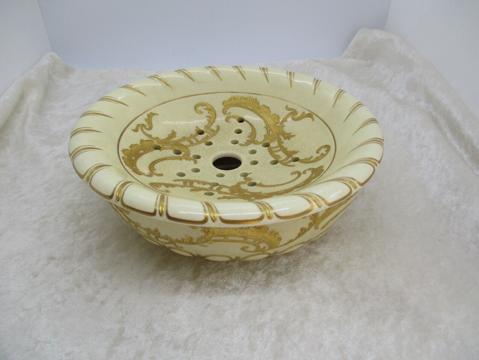 Vintage Antique Pottery Berry Plate with Holes and Under Bowl with Embossed Gold
