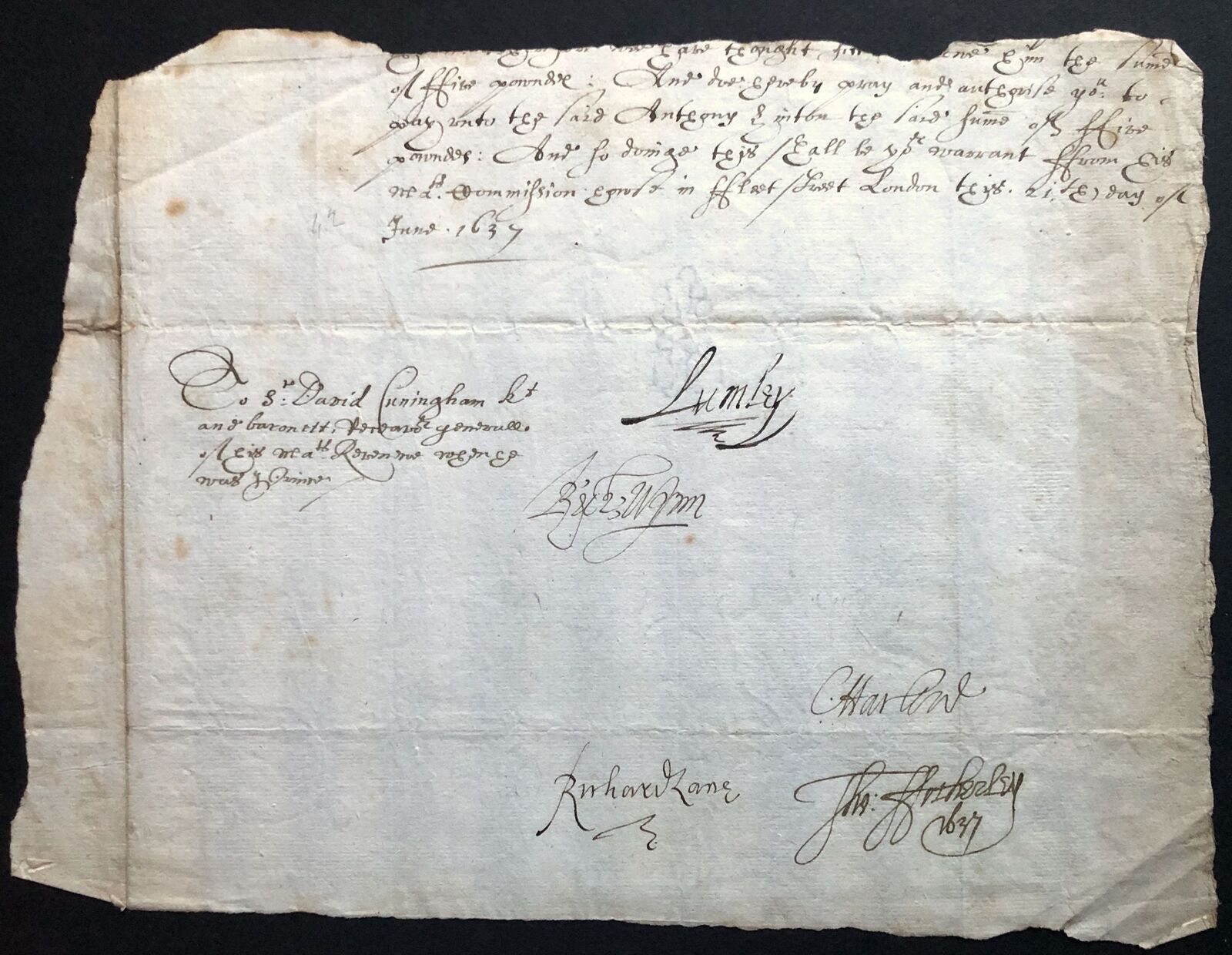 Sir Richard Lane / Portion of handwritten legal document from 1637 signed