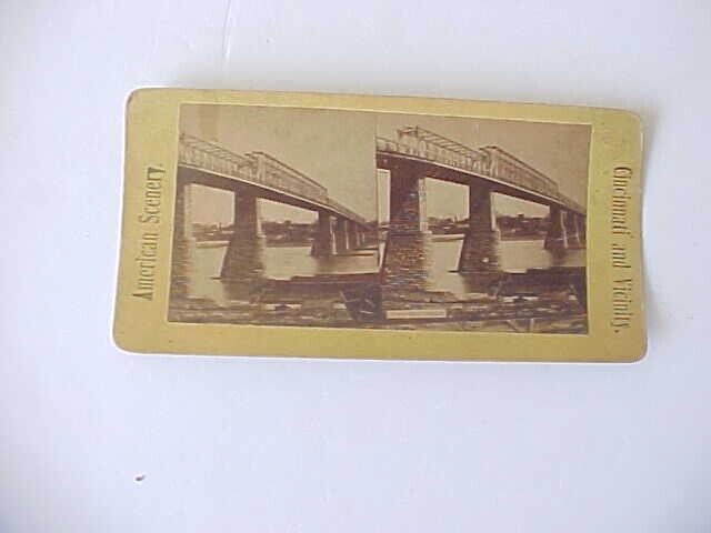 1880 CINCINNATI STEREO VIEW CARD HIGH BRIDGE ON OHIO RIVER BY WOLF VG+